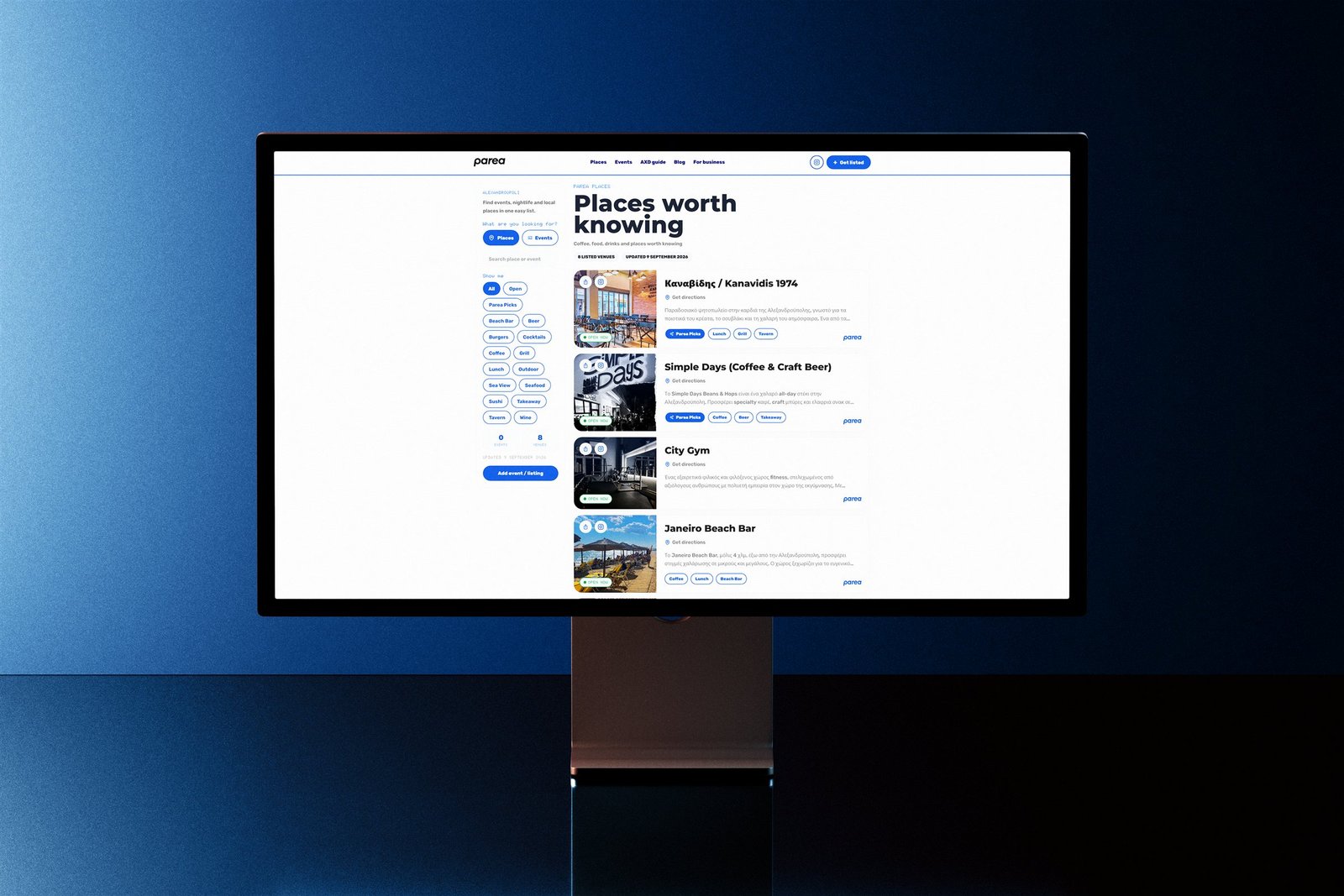 Parea local guide displayed on a desktop monitor